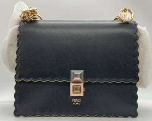 【エントルピー鑑定書付き】FENDI フェンディ ミニキャナイ 8M038 2WAY チェーンショルダー バッグ レザー ブラック 黒 保存袋付き 鞄