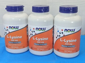 Lリジン 500mg 250粒 3本セット 未開封品 消費期限2028年 サプリメント 健康サプリ アミノ酸 リジン now ナウ 栄養補助食品 タブレット 