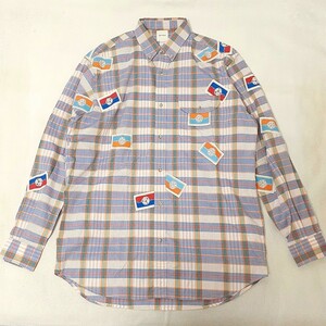 Karl Helmut カールヘルム ロゴ ワッペン シャツ ボタンダウン コットン 綿 チェック パッチワーク ビッグ ブルー グレー L XL サイズ 長袖