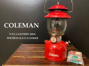 ★ビンテージ★コールマン/Coleman★ランタン/Lantern☆200A★1964年8月【希少！REDボーダー】【PYREX☆グローブ★MANTLE 有！】☆超美品☆