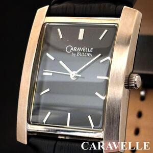 【長方形】CARAVELLE(Bulova)/展示品/メンズ腕時計/激レア/お洒落/男性用/四角形/シルバー.ブラック色/希少/ブローバ/かっこいい/ウオッチ