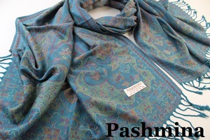 新品【Pashmina パシュミナ】華 ペイズリー柄 大判 ストール E.GREEN 緑 エメラルドグリーン系 Cashmere カシミア100%