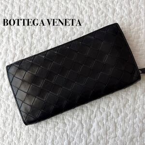 高級BOTTEGA VENETA ボッテガヴェネタ マキシイントレチャート ラウンドファスナー長財布 ブラック レザー