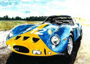 A4プリントです。　フェラーリ250GTO　タルガフォローリオ　水彩画　旧車イラスト