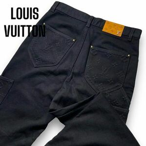 極美品!!22AW◎LOUIS VUITTON モノグラム ダブルニー カーペンターデニムパンツ ジーパン エンボスロゴ ズボン ブラック 29 ルイヴィトン