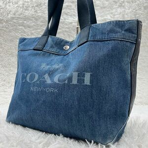 1円〜◎COACH コーチ トートバッグ デニム インディゴ 肩掛け ハンドバッグ キャンバス 花柄 大容量 A4収納可 メンズ レディース