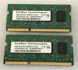 SANMAX 1Rx8 PC3-12800S 8GB 4GB 2枚で 8GB DDR3 ノートPC用 メモリ 204ピン DDR3-1600 4GB 2枚 PC3 12800 4GB 2枚 中古動作確認済