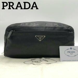 【極美品・鑑定済】プラダ PRADA カーフレザー クラッチバッグ 三角ロゴ 白タグ 本革 ブラック 黒色 ギャランティカード メンズ かばん 鞄