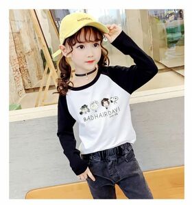 ♪ｍineka♪キッズ長袖Tシャツ 子供服 ロングスリップ 綿製 プリント キッズ 普段着 通園 遠足 外出　ブラック袖 150cm 201706/9T