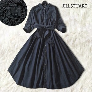 54 【JILLSTUART】 ジルスチュアート 袖レース シャツワンピース ロングワンピース 2 ネイビー 花レース フラワー ベルト フレア Aライン