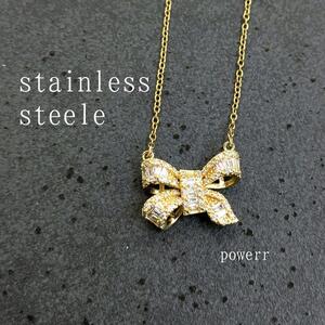 ステンレス ゴールド リボン りぼん 上品 ネックレス アクセサリー ZCダイヤ