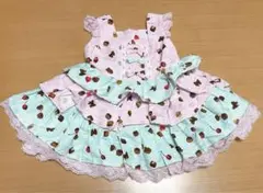 ハンドメイド チョコレート柄 ビッグリボン付き 三段フリル ワンピース 美品