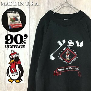 ★90’s vintage★USA製★【Youngstown State Penguins】豪華刺繍 カレッジ スウェットシャツ【海外規格大きめ M】黒 ペンギン NCAA K2-219