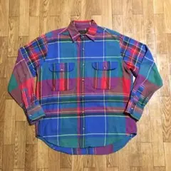 80s Eddie Bauer ネルシャツ マルチカラー 青 赤 S 黒タグ