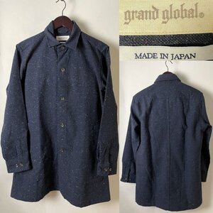 ★【国内正規品 日本製 希少】美品 GRAND GLOBAL グランドグローバル ウール系 ネップ ロング シャツ ジャケット 40 ネイビー系