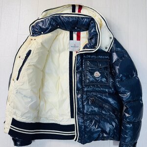 美品/2 M相当★モンクレール/MONCLER ウールニット トリコロール フーデット ダウンジャケット 光沢ナイロン アウター 軽量極暖 メンズ 紺