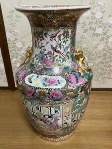 大清乾隆年製款 色絵花鳥人物図耳付花瓶 高46cm 唐物 粉彩 時代物 古玩 細密細工 古美術品