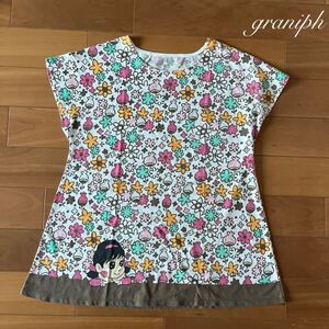 ☆訳あり☆希少！グラニフ graniph 赤塚不二夫 ヒミツのアッコちゃん 花柄 Tシャツ ショートスリーブ レディースフリーサイズ