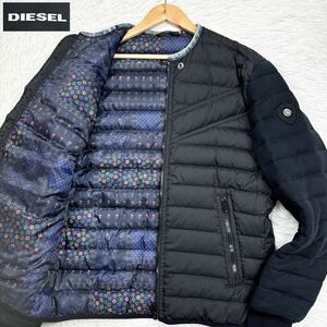 【極美品Lサイズ!!!】DIESEL ディーゼル ダウンジャケット 裏地ペイズリー柄 総柄 デニム襟 腕ロゴ ブレイブマン 黒 ブラック