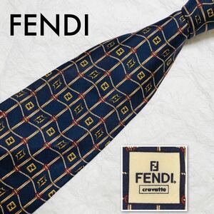 ■美品■FENDI フェンディ　ネクタイ　FF柄　金具　ロープ　柱　格子　総柄　シルク100% イタリア製　ネイビー