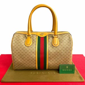 ほぼ未使用 GUCCI オールドグッチ グッチ ヴィンテージ シェリーライン マイクロGG ロゴ レザー ハンドバッグ ボストンバッグ 茶 27797