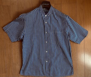 美品 トーマスメイソン×ユナイテッドアローズ バンドカラー 半袖シャツ Sz.M 鮮やかなブルーストライプ クールビズ可能