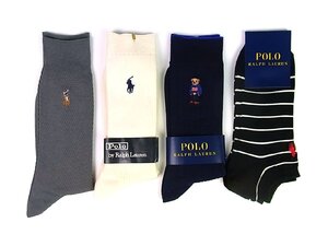 ◆未使用・タグ付◆POLO RALPH LAUREN/ポロ ラルフローレン◆靴下 4足◆メンズ◆24～27cm◆白/ネイビー/グレー◆ボーダー◆馬◆熊◆刺繍◆