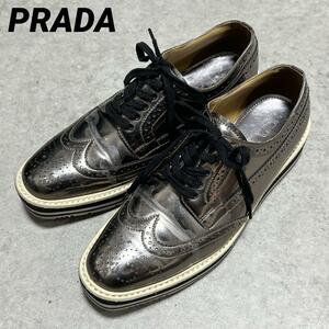 PRADA プラットフォーム メダリオン ウィングチップ 厚底 シルバー 37