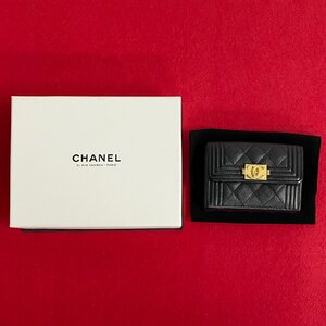 極 美品 シールあり 25番台 保存箱 保存袋 付き CHANEL シャネル ボーイシャネル マットキャビアスキン ブラック 三つ折り財布 48309