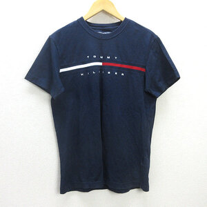 G■トミーヒルフィガー/TOMMYHILFIGER ロゴ刺繍Tシャツ/コットン【L】紺/men