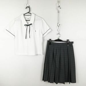 1円 ブラウス チェックスカート 紐タイ 上下3点セット LL トンボ 夏物 女子 学生服 中学 高校 白 制服 中古 ランクC NA9459