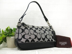 超美品◆COACH コーチ◆シグネチャー 6094◆キャンバス カーフ レザー 本革◆ミニ ハンド バッグ アクセサリーポーチ◆グレー 黒◆N9760