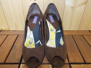 e414◆EMILIO PUCCI ヒールパンプス◆35 1/2 エミリオプッチ スウェードレザー 靴 サンダル ブラウン色系 ウェッジソール風 イタリア製 4D