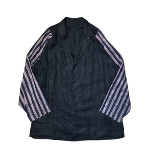 18SS Yohji Yamamoto POUR HOMME Fastener Notch Linen Stripe Sleeves Jacket 1 BLK HW-B25-807 ヨウジヤマモトプールオム 店舗受取可