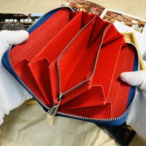 【田中革具】※ 訳あり 新品 青×赤 ハンドメイド カーボンレザー 長財布 財布 ラウンドファスナー ロングウォレット 牛革 本革 メンズ 1円