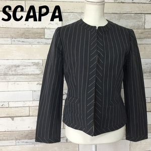 【人気】SCAPA/スキャパ ストライプ柄 ノーカラージャケット ダークグレー レディース/8768