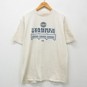 L/古着 マジェスティック 半袖 ビンテージ Tシャツ メンズ 00s MLB ニューヨークヤンキース コットン クルーネック 薄ベージュ カーキ メジ