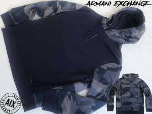 新品★アルマーニ★オーバーサイズ★ネイビー 迷彩柄 パーカ★グレー系 カモ スウェット★カットソー XL★AX ARMANI☆390