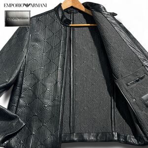 最高級革タグ!!/極美品 ●EMPORIO ARMANI エンポリオアルマーニ ラムレザー 羊革 ライダース ブルゾン ジャケット エンボス ブラック XL 50