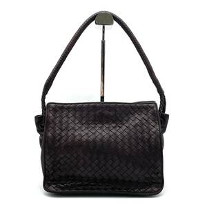 1円 美品 BOTTEGA VENETA ボッテガヴェネタ イントレチャート レザー ワンショルダー 肩掛け ハンドバッグ ダークブラウン