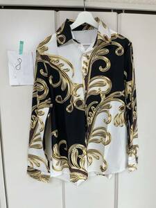 ⑧-2 ドレス シャツ 長袖 L VERSACE ヴェルサーチ ベルサーチ 風 柄シャツ Yシャツ 派手 バロック アニマル 総柄 チェーン柄