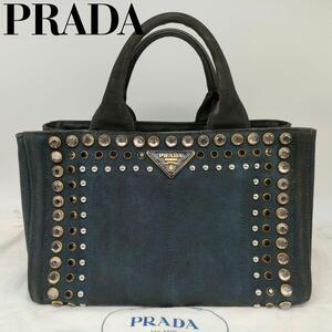 【超レア・鑑定済】プラダ PRADA ミニカナパデニム ハンドバッグ トートバッグ ビジュー スタッズ 三角ロゴ 白タグ ネイビー 紺色