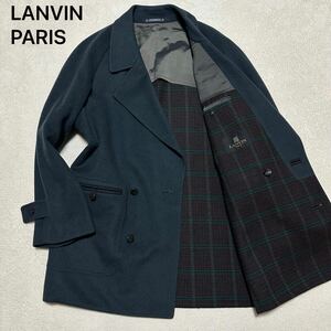 極美品!希少XL!LANVIN【高級 ウールカシミヤ】ランバン 胡桃ボタン ピーコート ダブル チェスター ミドル丈 ダークグリーン R48 LL相当