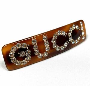 希少品◎正規品 GUCCI クリスタル グッチ シングル ヘアバレッタ ブラウン ゴールド キラキラ ストーン デカロゴ 高級 ヘアアクセサリー