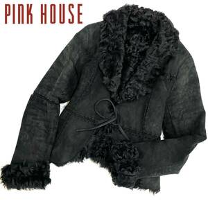 希少!!PINK HOUSE 羊革 毛皮 リアル ムートン レディース ジャケット(L)ブラック アウター ピンクハウス