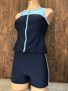 ss_5750y 極美品 リーボック Reebok 光沢ネイビー×ライトブルー セパレート 競泳水着 水泳 練習 フルジップ ショート丈 ノースリーブ 9M