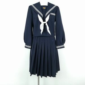 1円 セーラー服 スカート スカーフ 上下3点セット 指定 冬物 白2本線 女子 学生服 佐賀佐志中学 紺 制服 中古 ランクC NA7752