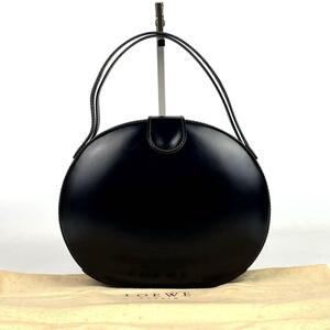 1円～●美品●LOEWE ロエベ ハンドバッグ ロゴ型押し サークル ステッチ ラウンド ロゴプレート ゴールド金具 レザー 黒系 男女兼用