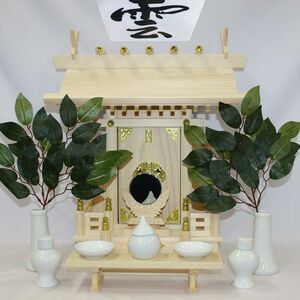 国産東濃檜製神棚 大神明(だいしんめい) 日本製神棚 一社神棚(神棚セット/神前用具7種セット中と造花榊付き)　白木 無塗装 桧 ひのき