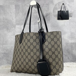 美品 GUCCI グッチ トートバッグ ハンドバッグ ビジネス 通勤 通学 書類 メンズ GG柄 肩掛け PVC レザー リバーシブル ステッチ チャーム 